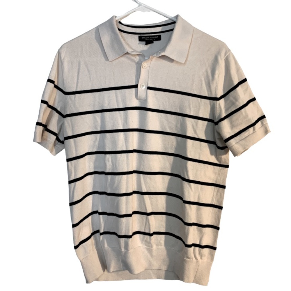 Banana Republic Sweater Knit Polo; Cream and Navy, 100% Supima Cotton, size M
